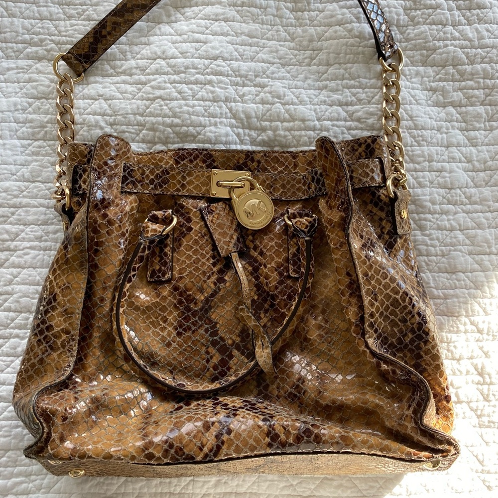 Michael Kors “Hamilton” Snake Embossed Sand Brown Tote